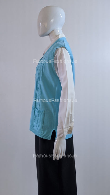 Turquoise Button Up Knitted Waistcoat with Pockets