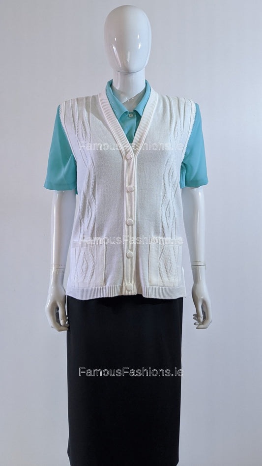 White Button Up Knitted Waistcoat with Pockets