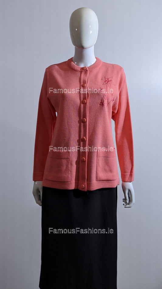 Coral Round Neck Button Pocket Cardigan