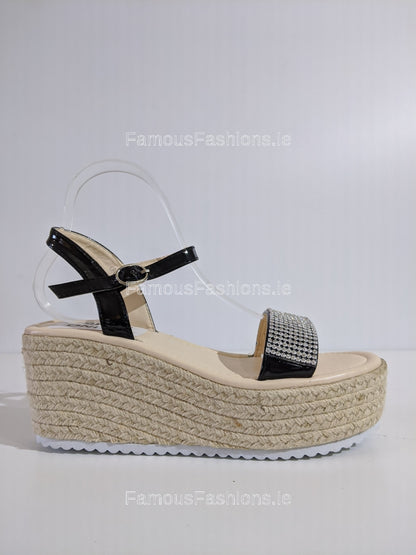 Black Patent Diamante Espadrille Wedge Sandals