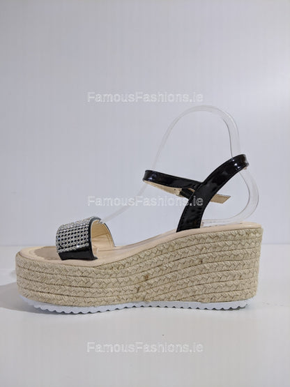 Black Patent Diamante Espadrille Wedge Sandals