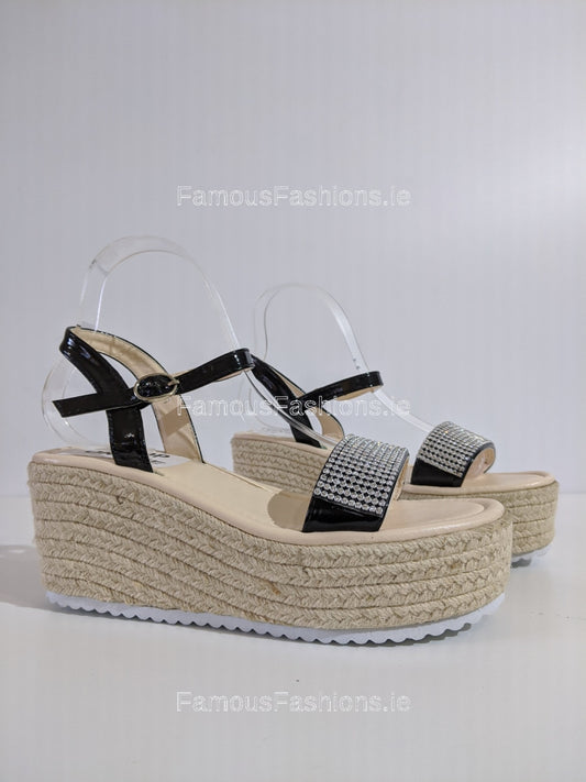 Black Patent Diamante Espadrille Wedge Sandals