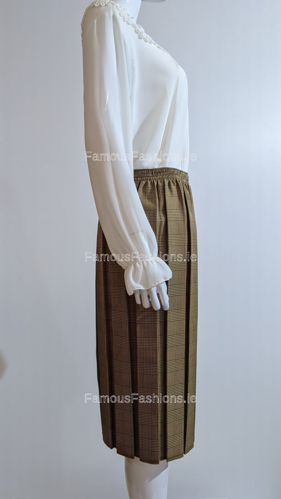 Camel Pleated Check Elasticated Skirt