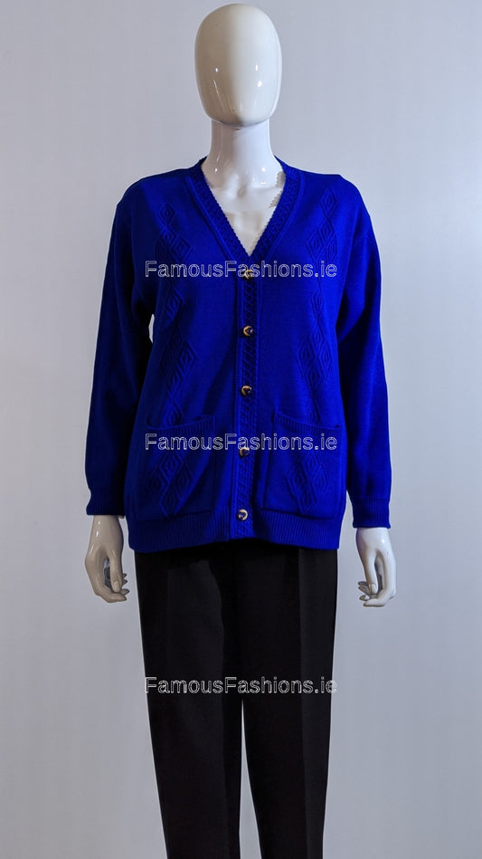 Royal Blue V-Neck Diamond Design Cardigan with Pockets