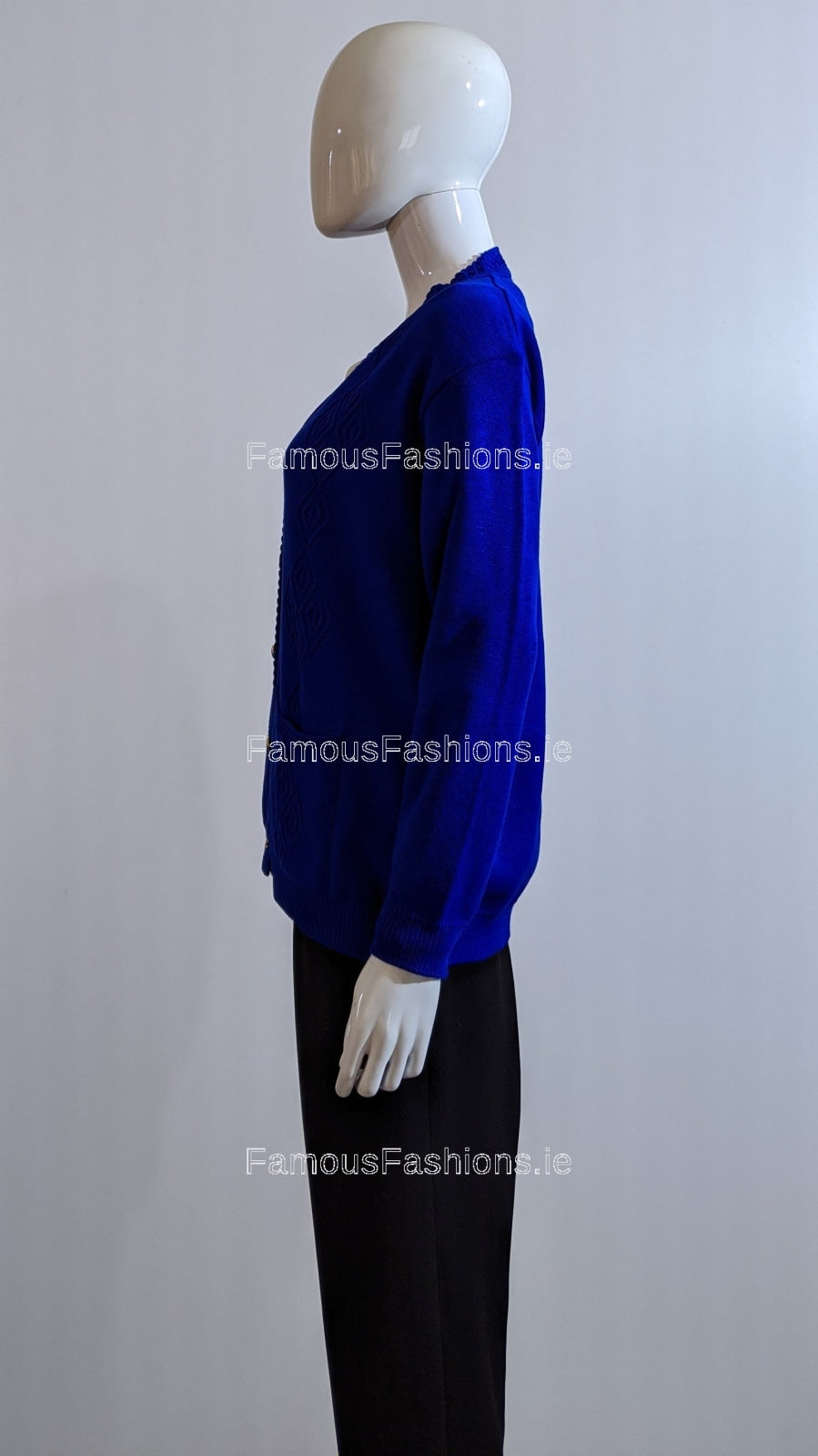 Royal Blue V-Neck Diamond Design Cardigan with Pockets