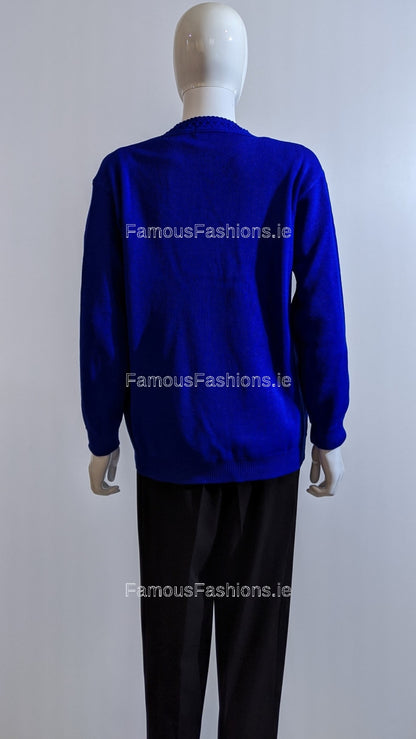 Royal Blue V-Neck Diamond Design Cardigan with Pockets