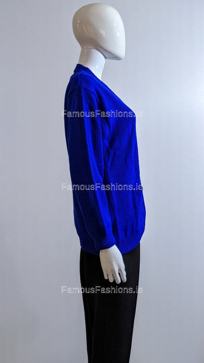 Royal Blue V-Neck Diamond Design Cardigan with Pockets