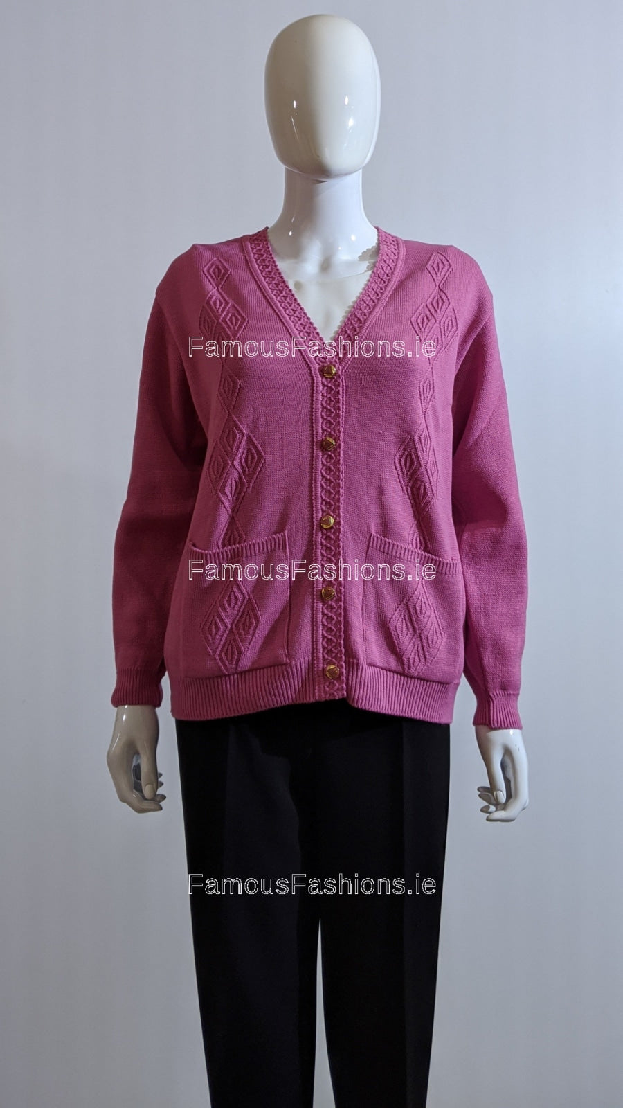 Pink V-Neck Diamond Design Cardigan with Pockets