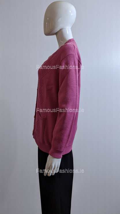 Pink V-Neck Diamond Design Cardigan with Pockets