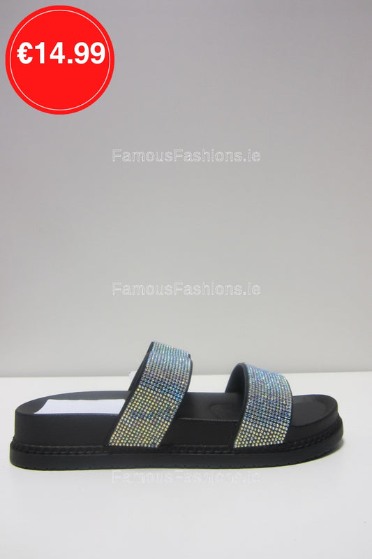 Black Two Strap Diamante Slider