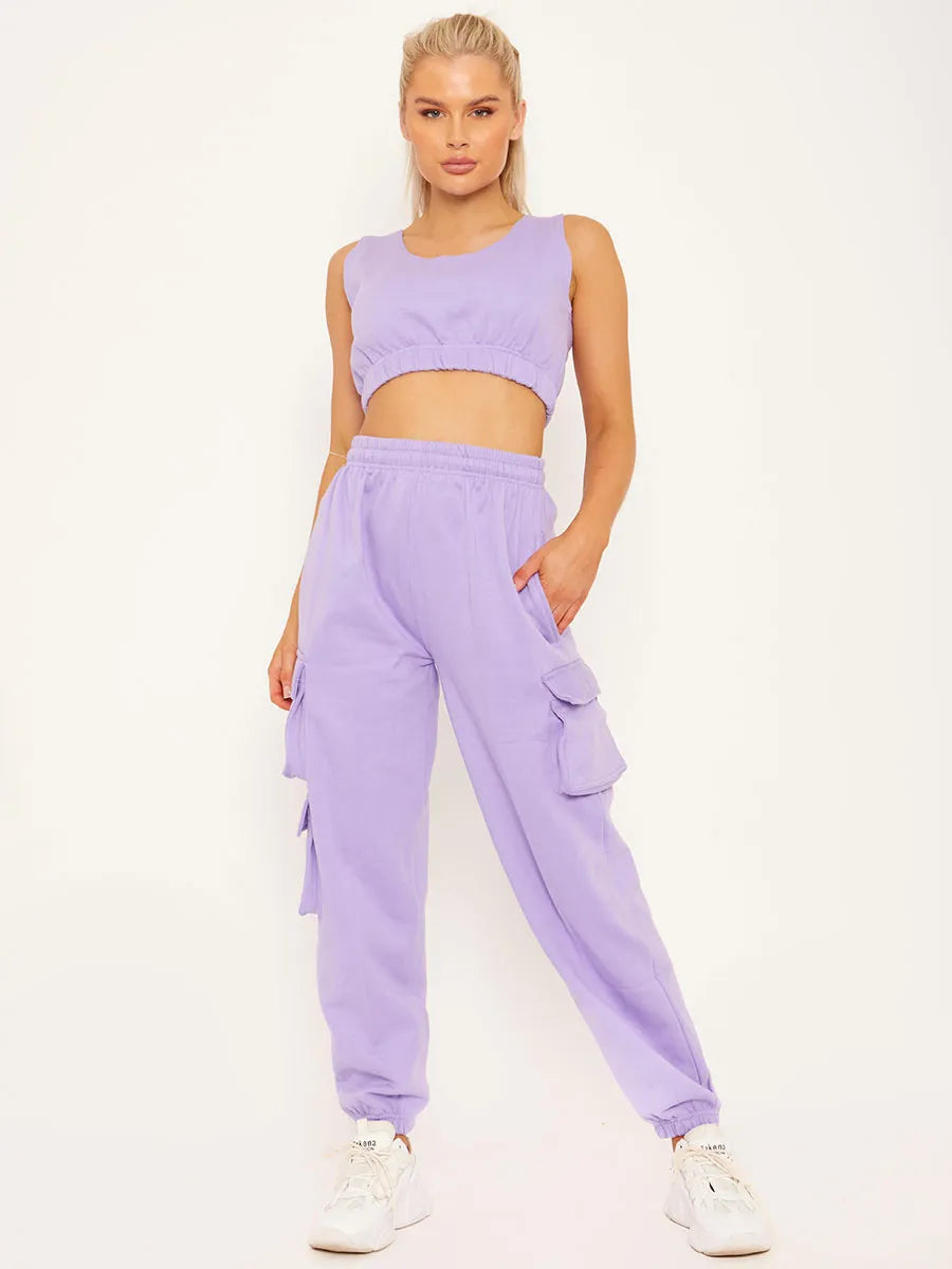 Lilac Purple Fleeced Crop Top & Cargo Joggers Set