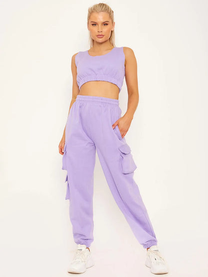 Lilac Purple Fleeced Crop Top & Cargo Joggers Set