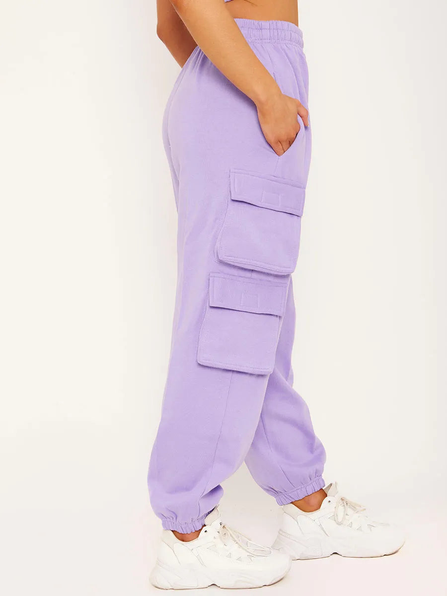 Lilac Purple Fleeced Crop Top & Cargo Joggers Set