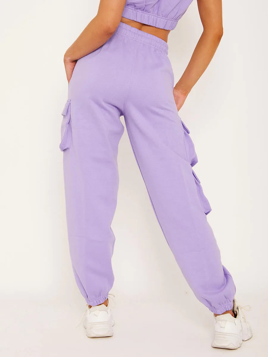 Lilac Purple Fleeced Crop Top & Cargo Joggers Set