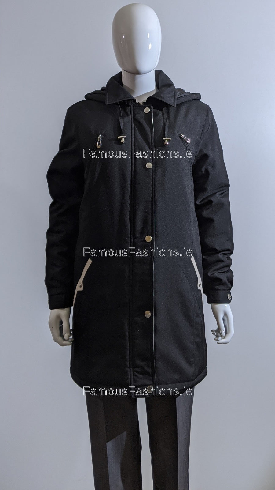 Black Hooded Cream Pocket Trim Long Coat