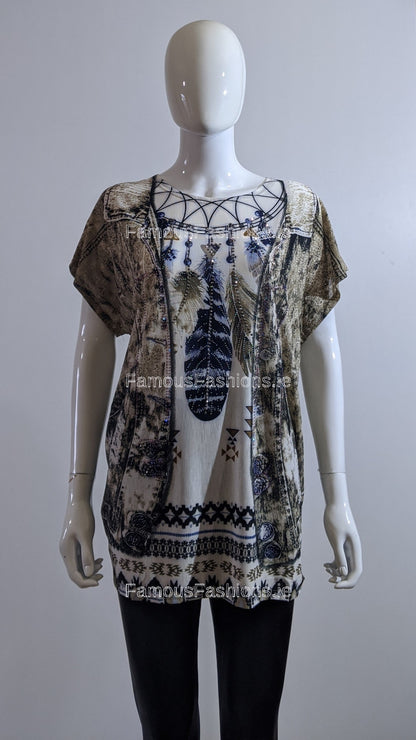 Beige Dream Catcher Printed Glitter Top