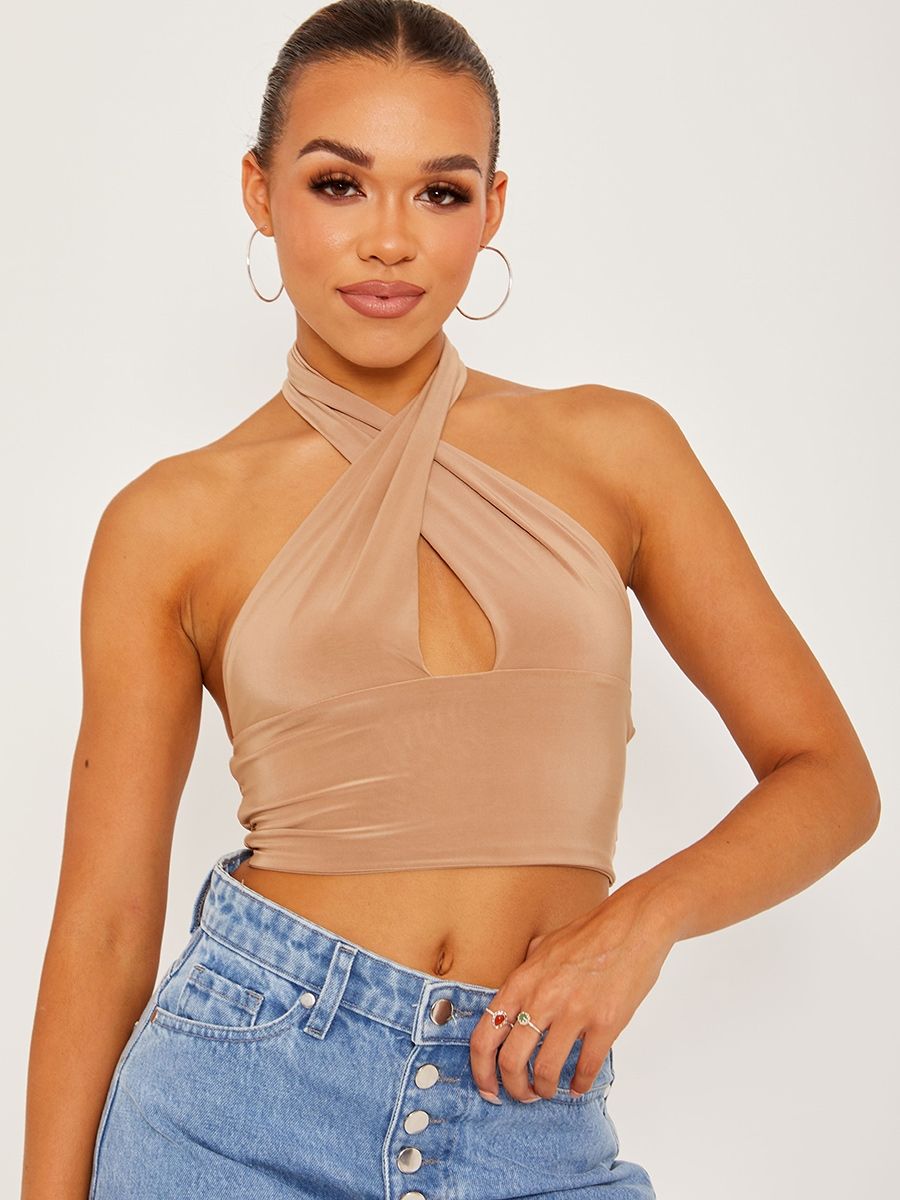 Mocha Halterneck Cross Front Tie-Knot Slinky Crop Top