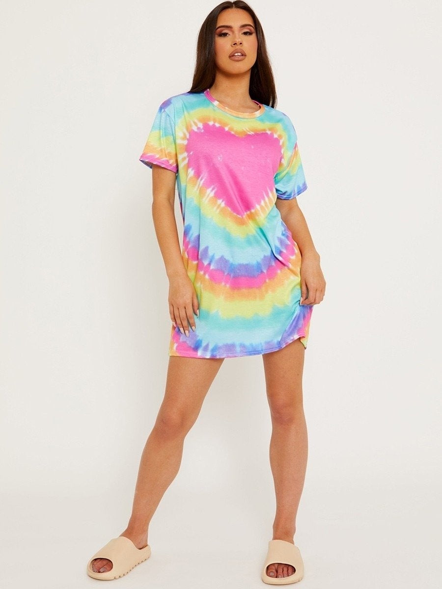 Multi Colour Heart Tie Dye Oversized T-Shirt Dress