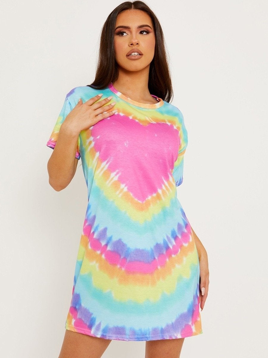 Multi Colour Heart Tie Dye Oversized T-Shirt Dress