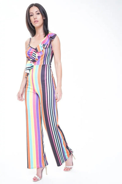 Multi Colour Stripe Ruffle Jumpsuit