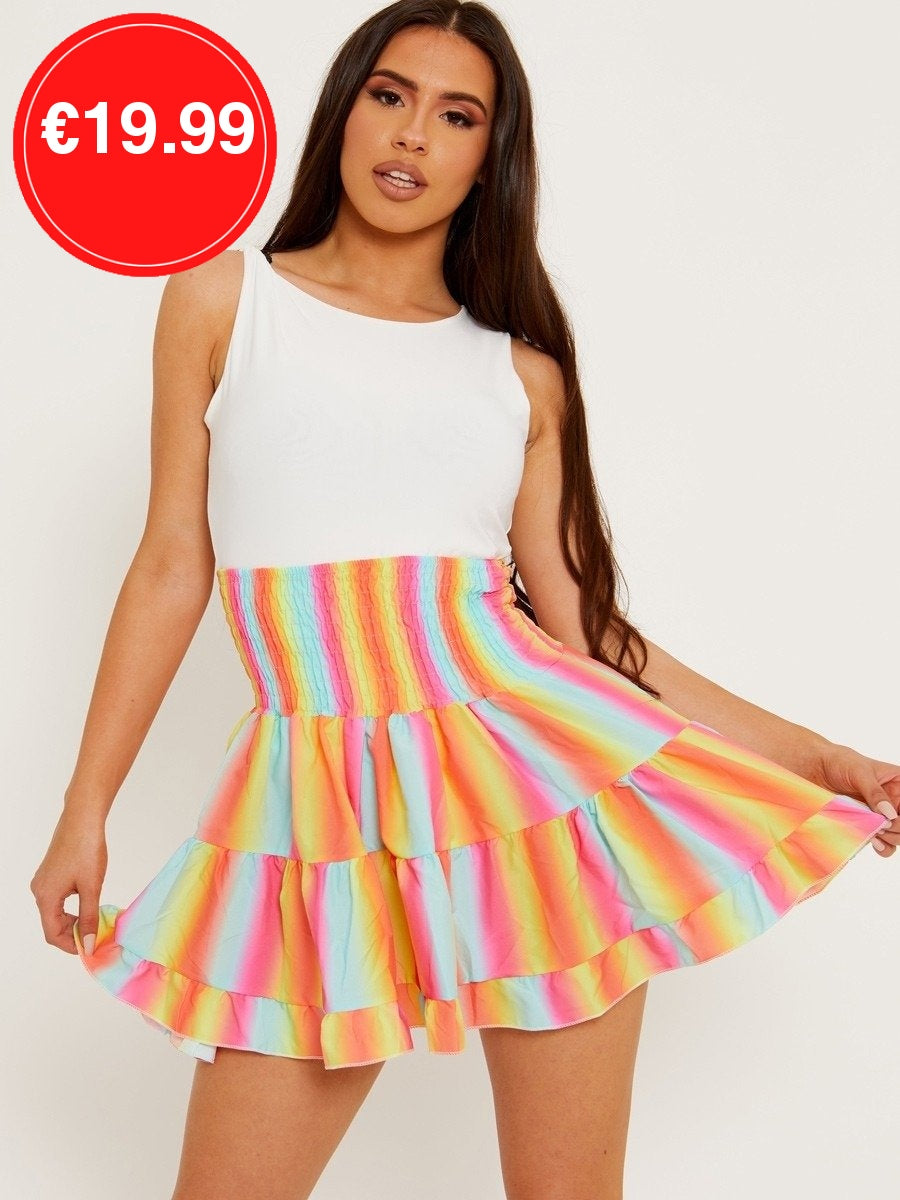 Multi Coloured Shirred Waist Boho Skirt