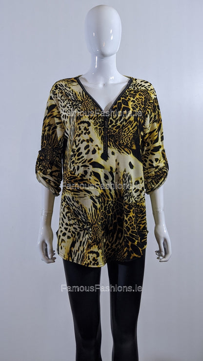 Mustard Animal Print Zip Detail Top