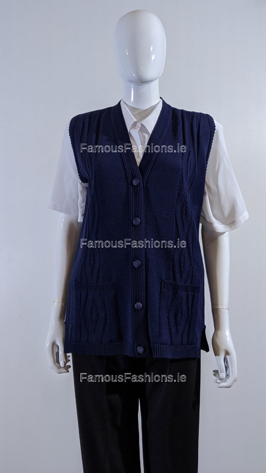 Navy Button Up Knitted Waistcoat Cardigan with Pockets