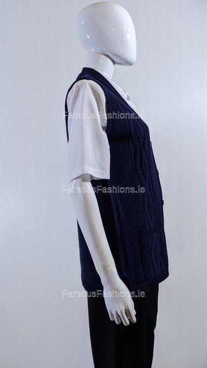 Navy Button Up Knitted Waistcoat Cardigan with Pockets