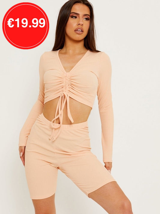 Nude Ribbed Ruched Crop Top & Scrunch Back Shorts Co-Ord Set