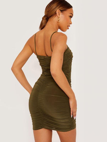 Olive Ruched Slinky Cami Dress