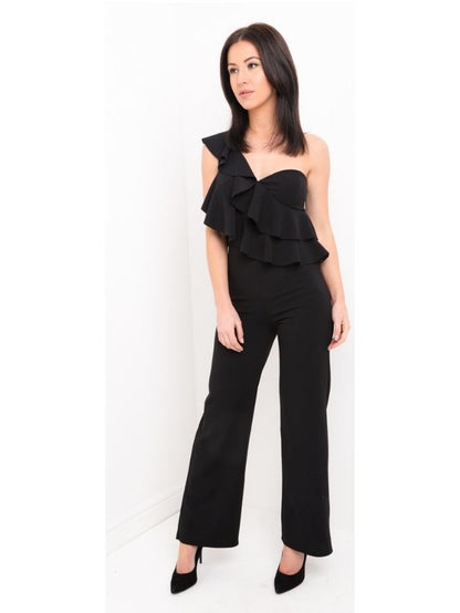 Black One Shoulder Frill Jumpsuit