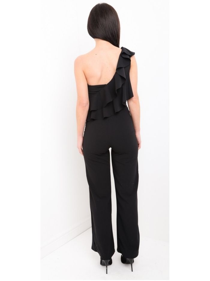 Black One Shoulder Frill Jumpsuit