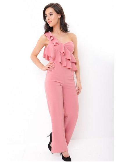 Blush Pink One Shoulder Frill Jumpsuit