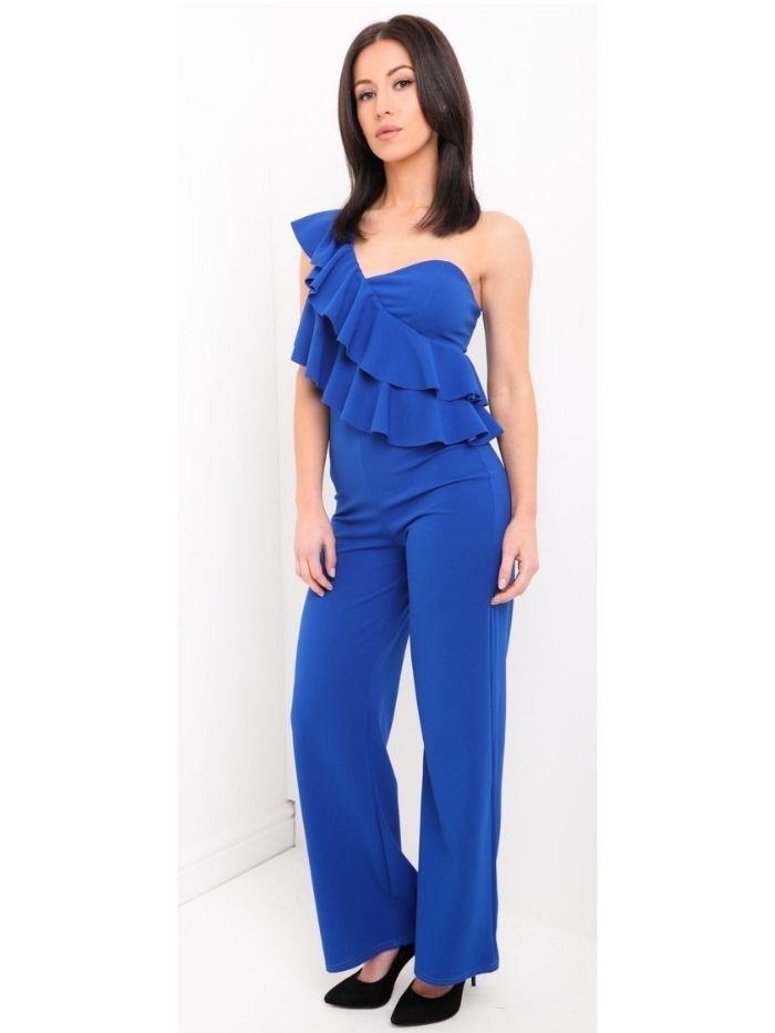 Royal Blue One Shoulder Frill Jumpsuit