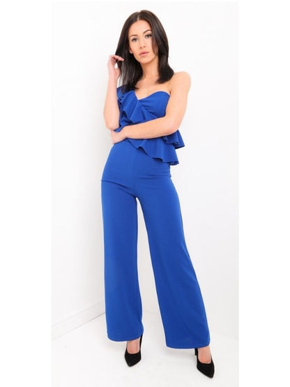 Royal Blue One Shoulder Frill Jumpsuit