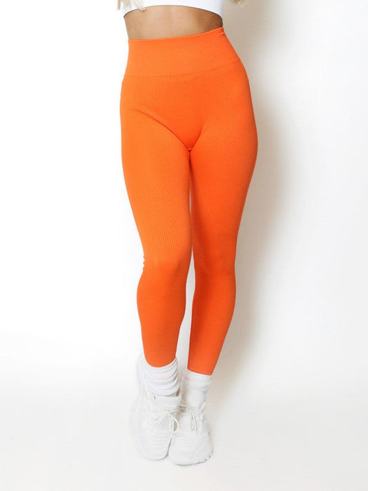 Orange High Waist Ribbed Seamless Gym Leggings