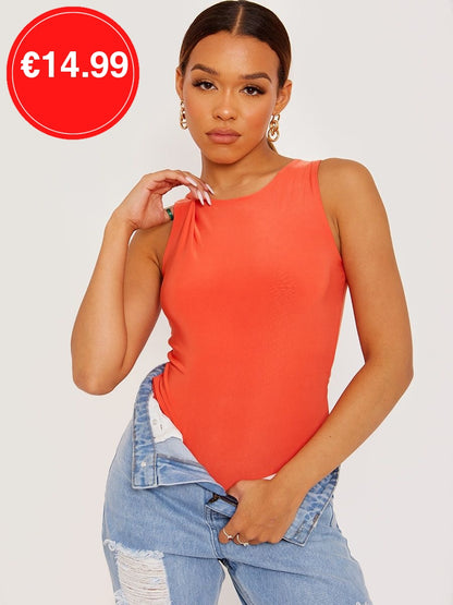 Orange Racer Back Sleeveless Slinky Bodysuit