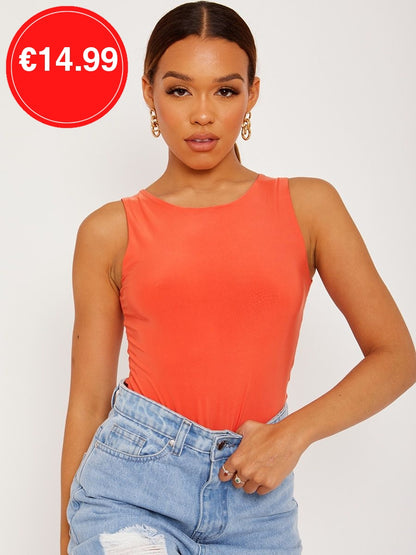 Orange Racer Back Sleeveless Slinky Bodysuit