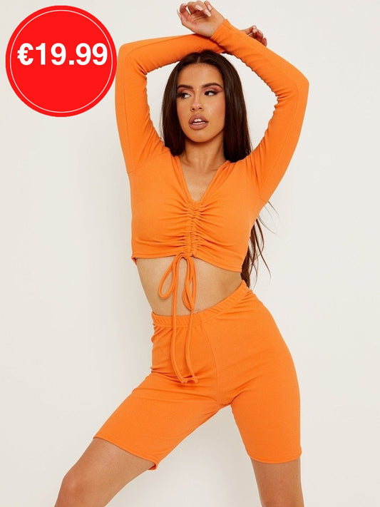 Orange Ribbed Ruched Crop Top & Scrunch Back Shorts Co-Ord Set