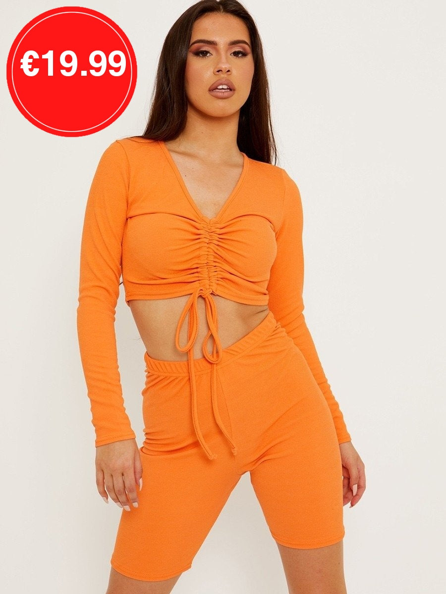 Orange Ribbed Ruched Crop Top & Scrunch Back Shorts Co-Ord Set