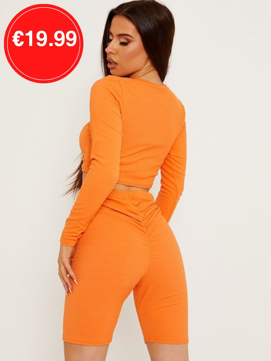 Orange Ribbed Ruched Crop Top & Scrunch Back Shorts Co-Ord Set