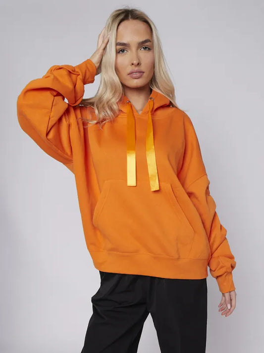 Orange Ribbon Drawstring Ruched Sleeves Fleeced Hoodie