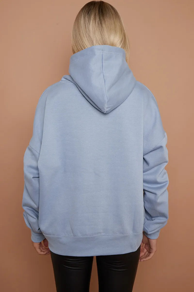 Pale Blue Ribbon Drawstring Ruched Sleeves Fleeced Hoodie