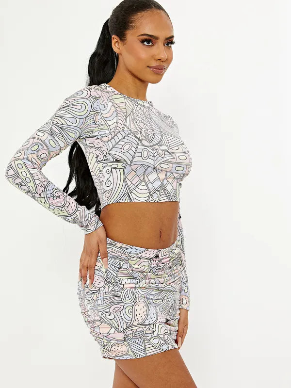 Pastal Printed Slinky Crop Top & Rouched Skirt Co - Ord Set