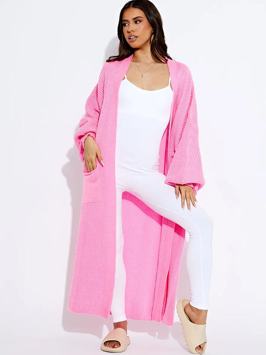 Pink Balloon Sleeves Knitted Longline Open Cardigan