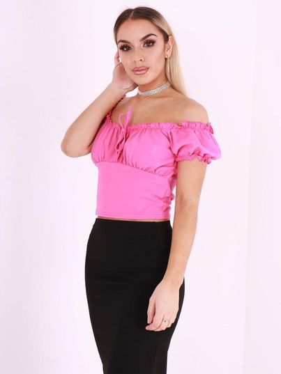 Pink Ruffle Bardot Crop Top