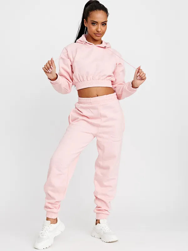 Pink Cropped Hoodie & Jogger Fleece Loungewear Co-ord