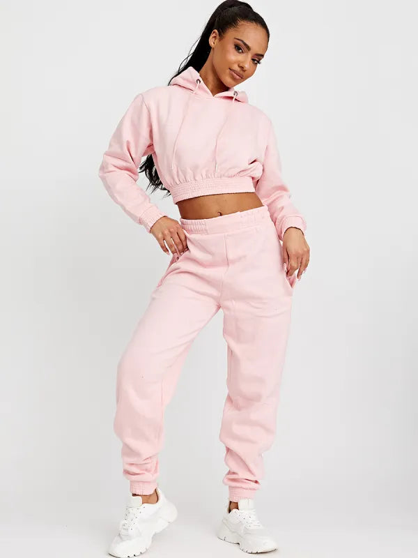 Pink Cropped Hoodie & Jogger Fleece Loungewear Co-ord