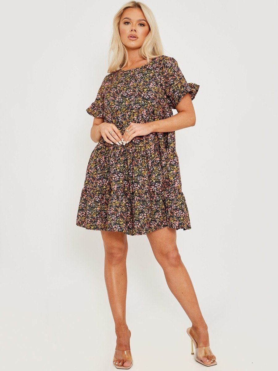 Pink Ditsy Floral Print Tiered Smock Dress