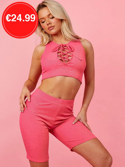 Pink Lace Up Plunge Neck Crop Top & Shorts Co-Ord Set